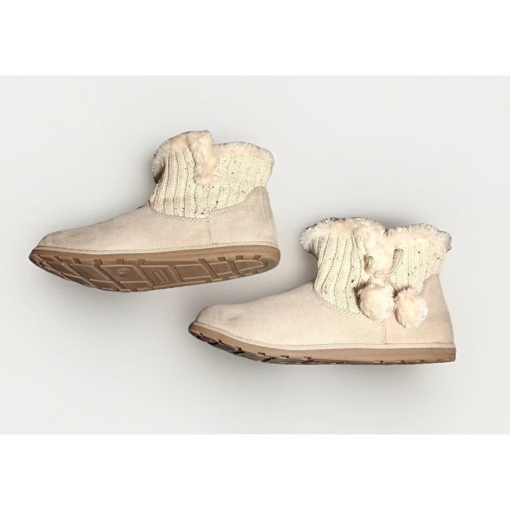 Arizona Jean Co AZ ICY Tan Knit Faux Fur Pom Pom Ankle Boots Womens Size 9M